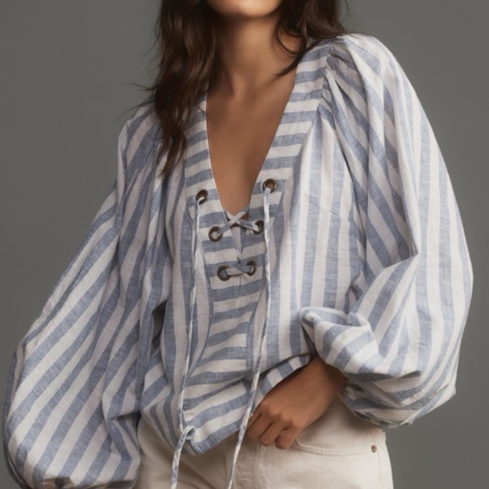 Anthropologie ⭐️NWT⭐️Linen Blue and White Striped Lace-Up Crop Blouse Size Small